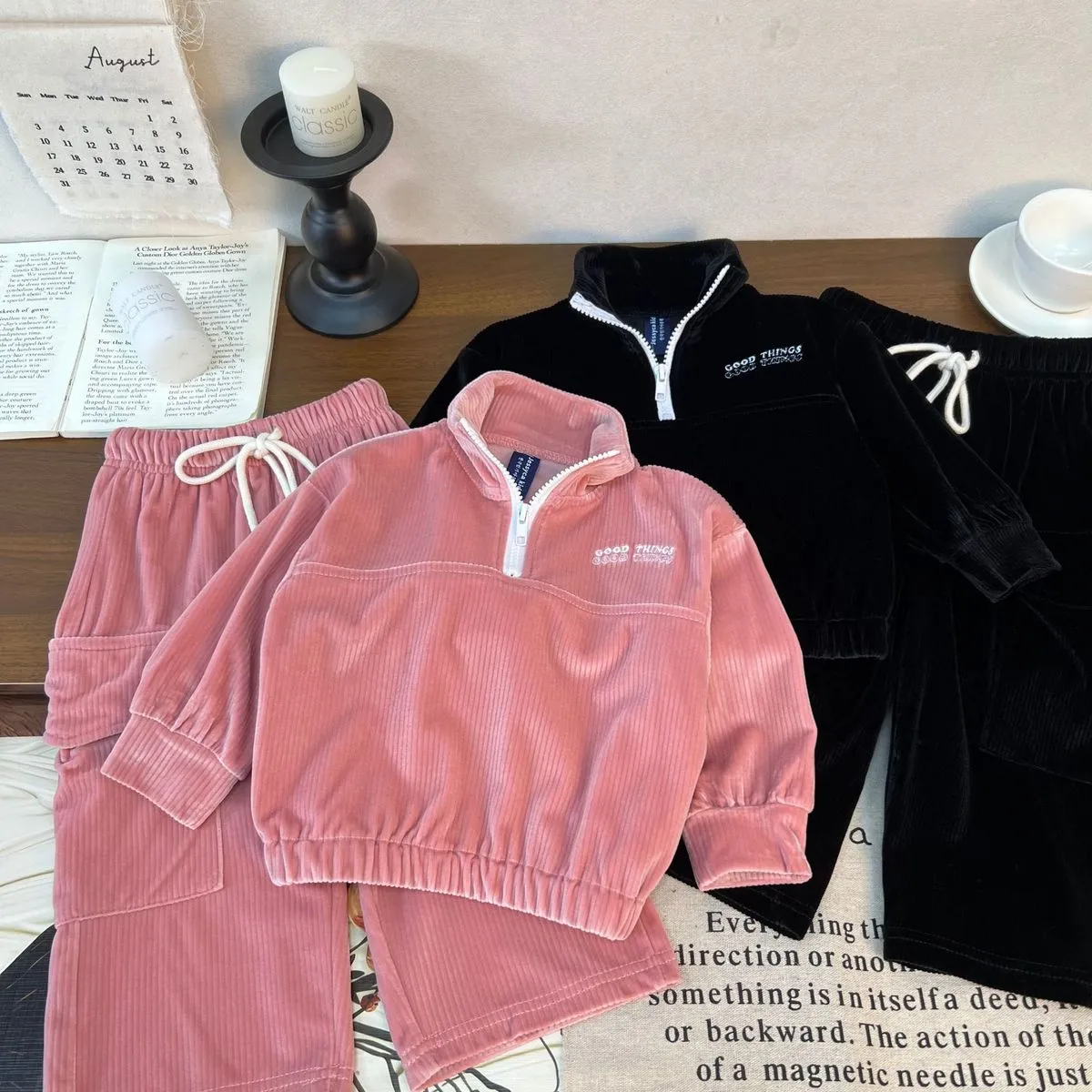 Kids Boys And Girls Fashion Casual Autumn And Winter Corduroy Stand Collar Long-Sleeve Sweatshirt Pockets Pants Two-Piece Set