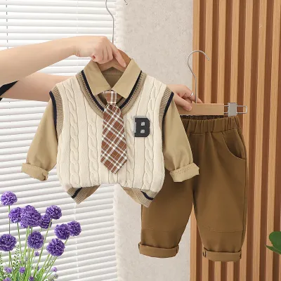 Kids Boys' Fashion Casual Autumn Long-Sleeve Shirt Sleeveless Sweater Pants Three-Piece Set