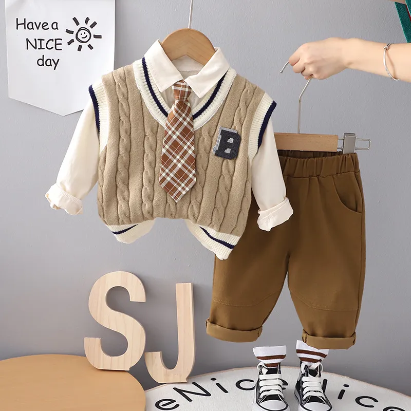 Kids Boys' Fashion Casual Autumn Long-Sleeve Shirt Sleeveless Sweater Pants Three-Piece Set