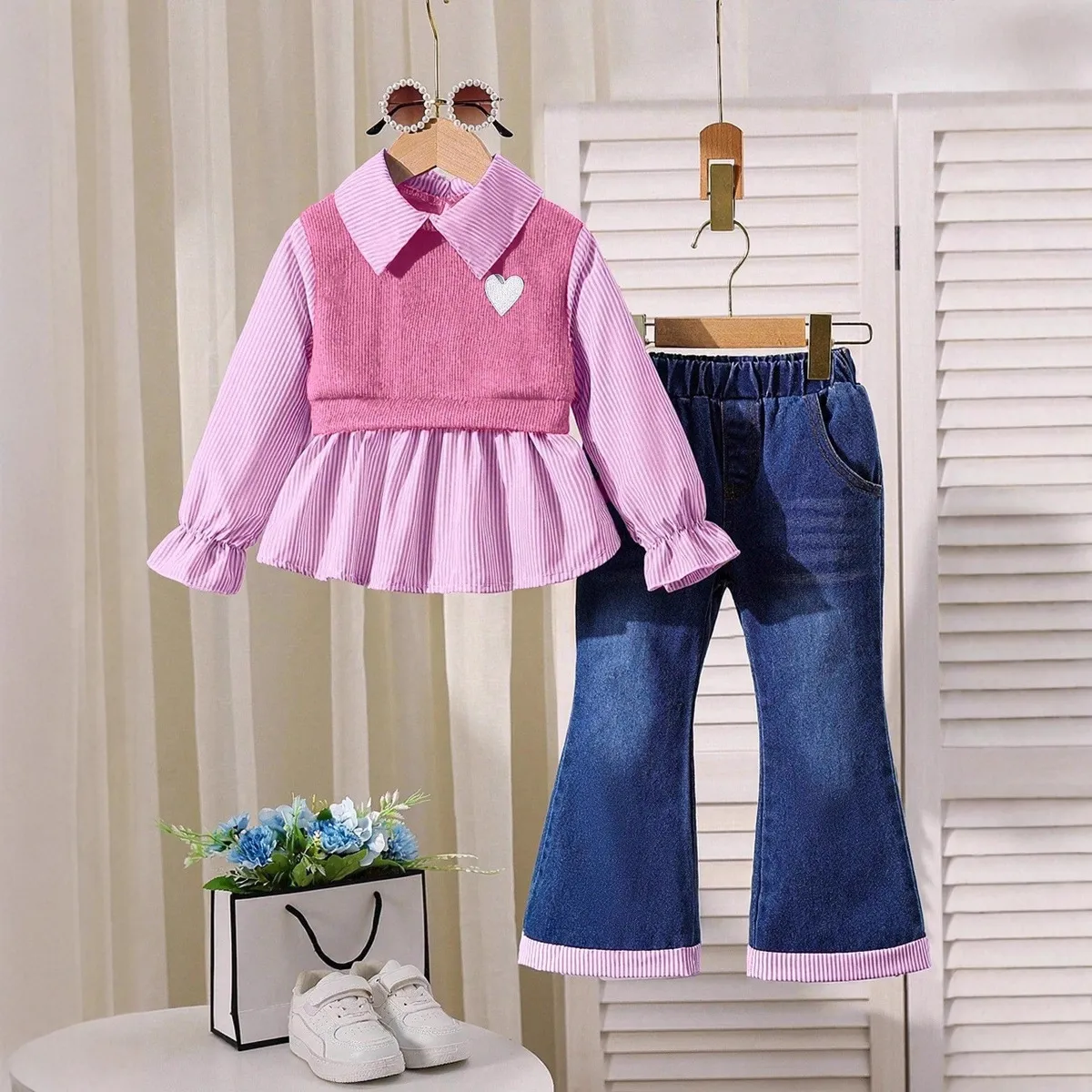 Kids Girls Fashion Autumn Lapel Stripe Stitching Lapel Long-Sleeve Top Flared Jeans Two-Piece Set