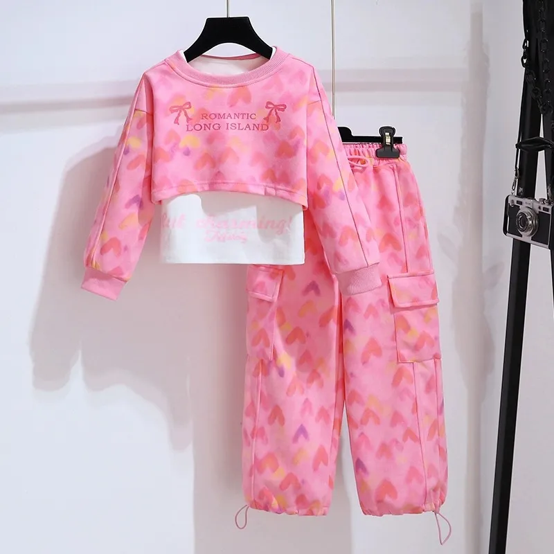 Kids Girls' Fashion Casual Autumn Love Printed Tank Top Long-Sleeve Sweatshirt Pockets Drawstring Pants Three-Piece Set