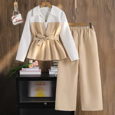Kids Girls' Fashion Casual Spring Contrast Color Stitching Lapel Long Sleeve Top Loose Pants Two-Pieces Set