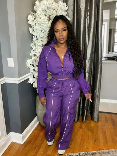 Women Fashion Casual Contrast Color Line Lapel Long-Sleeve Zipper Jacket Wide Leg Pants Two-Piece Set