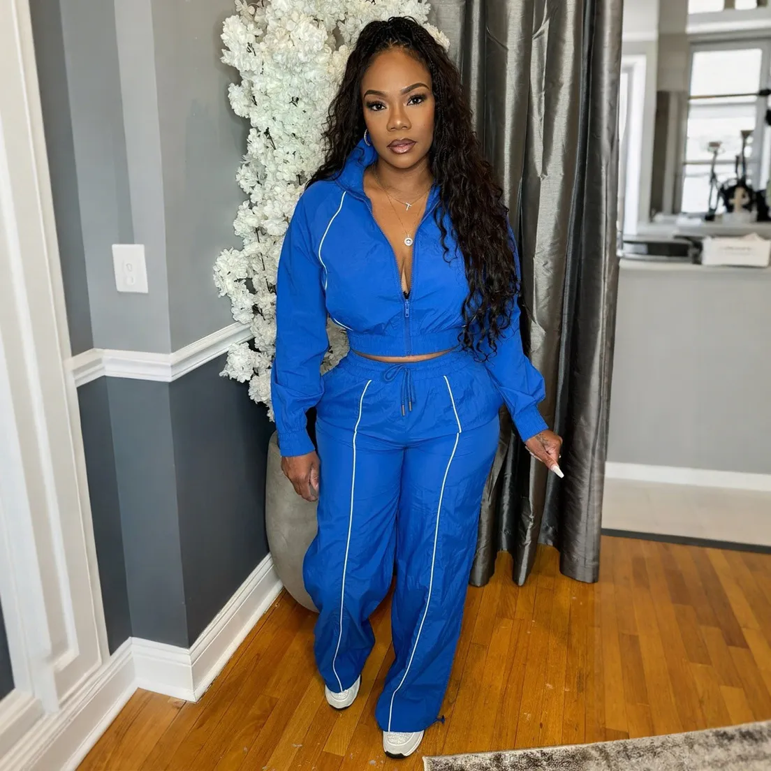 Women Fashion Casual Contrast Color Line Lapel Long-Sleeve Zipper Jacket Wide Leg Pants Two-Piece Set