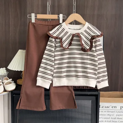 Kids Girls' Fashion Casual Spring And Autumn Stripe Lapel Long Sleeve Top Loose Pants Two-Piece Set