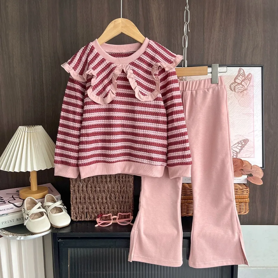 Kids Girls' Fashion Casual Spring And Autumn Stripe Lapel Long Sleeve Top Loose Pants Two-Piece Set