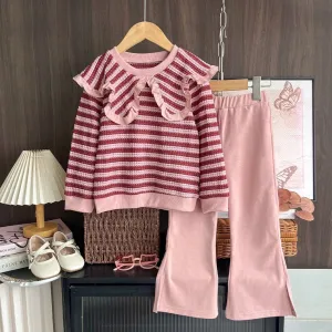 Kids Girls' Fashion Casual Spring And Autumn Stripe Lapel Long Sleeve Top Loose Pants Two-Piece Set