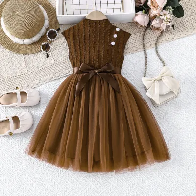 Kids Girls Fashion Solid Color Stitching Mesh Puff Sleeveless Dress