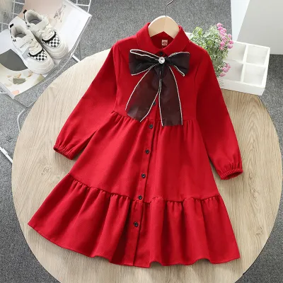 Kids Girls Fashion Spring Autumn Red Lapel Bow Long Sleeve Dress