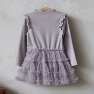 Kids Girls Fashion Autumn Solid Color Puffy Mesh Long Sleeve Dress