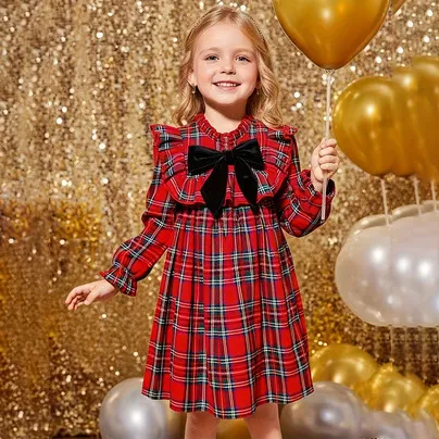 Kids Girl'S Fashion Contrast Bow Ruffled Decorative Back Zipper Long Sleeve Dress