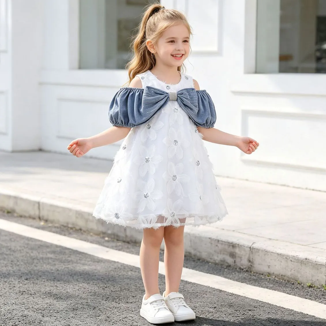 Kids Girls Fashion Elegant Summer Denim Bow Stitching Sequins White Veil Dress