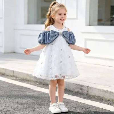 Kids Girls Fashion Elegant Summer Denim Bow Stitching Sequins White Veil Dress