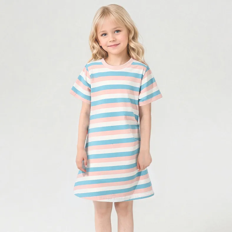 Kids Girls Fashion Casual Summer Stripe Short Sleeve Loose Dress