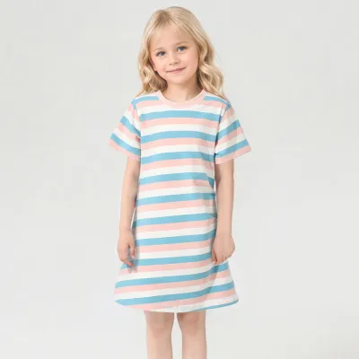 Kids Girls Fashion Casual Summer Stripe Short Sleeve Loose Dress