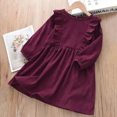 Kids Girl'S Fashion Casual Autumn Solid Color Corduroy Round Neck Ear Long Sleeve Dress