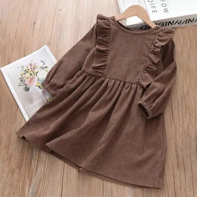 Kids Girl'S Fashion Casual Autumn Solid Color Corduroy Round Neck Ear Long Sleeve Dress