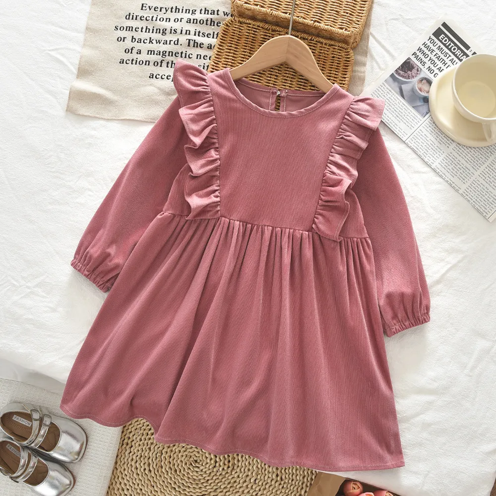 Kids Girl'S Fashion Casual Autumn Solid Color Corduroy Round Neck Ear Long Sleeve Dress