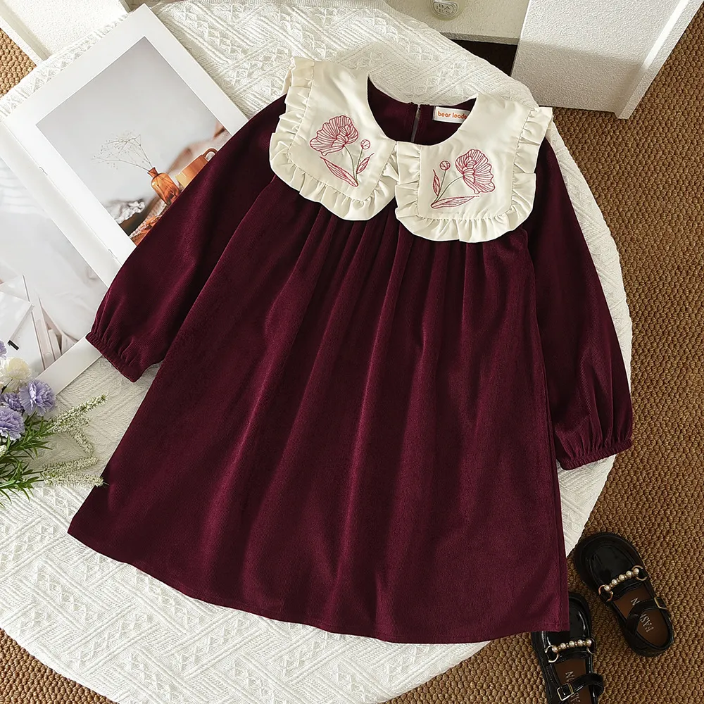 Kids Girls Fashion Spring And Autumn Embroidered Lapel Long Sleeve Dress