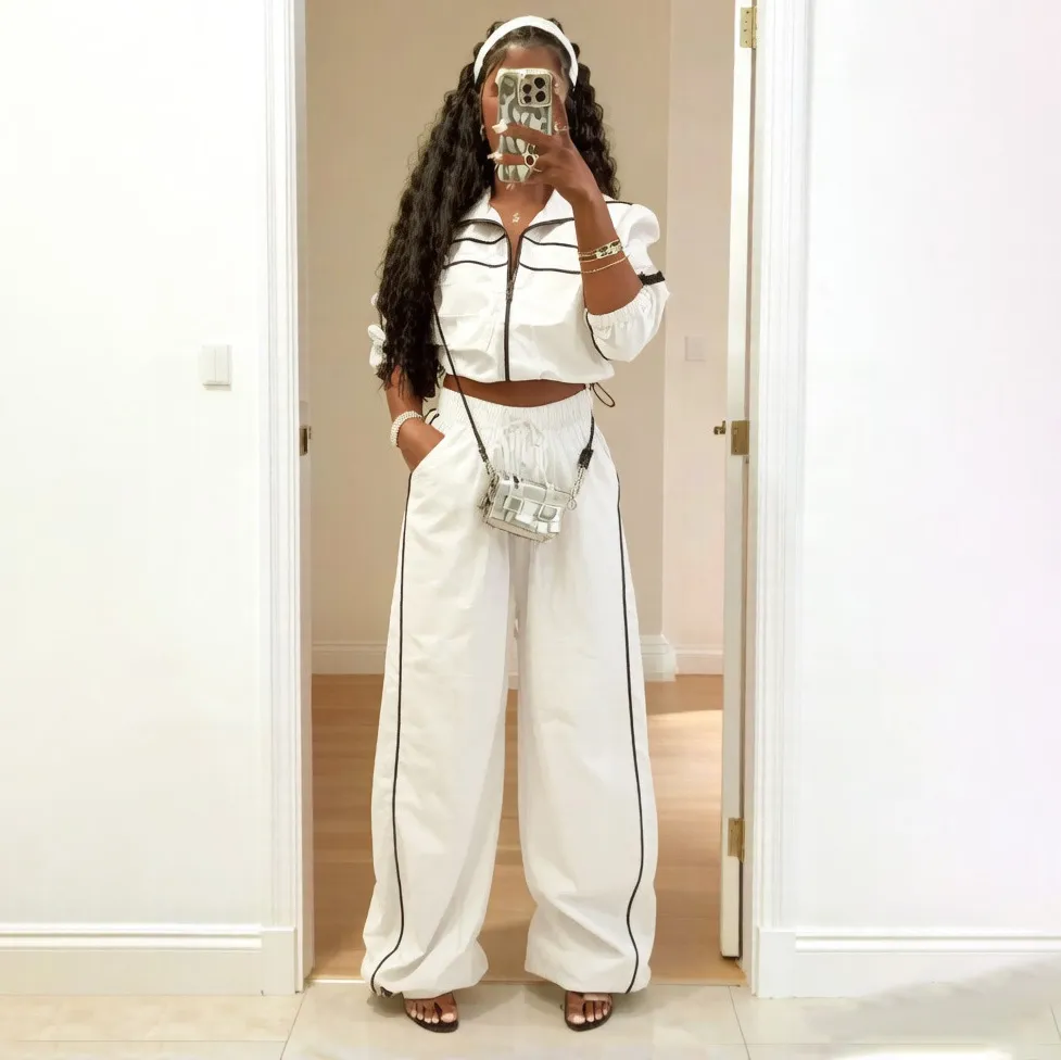 Women'S Fashion Casual Autumn Lapel Long-Sleeve Zipper Drawstring Jacket Pocket Wide Leg Pants Two-Piece Set