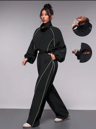 Women'S Fashion Casual Autumn Contrast Drawstring Lapel Long-Sleeve Coat Pants Two-Piece Set