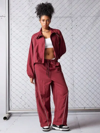 Women'S Fashion Casual Autumn Contrast Drawstring Lapel Long-Sleeve Coat Pants Two-Piece Set