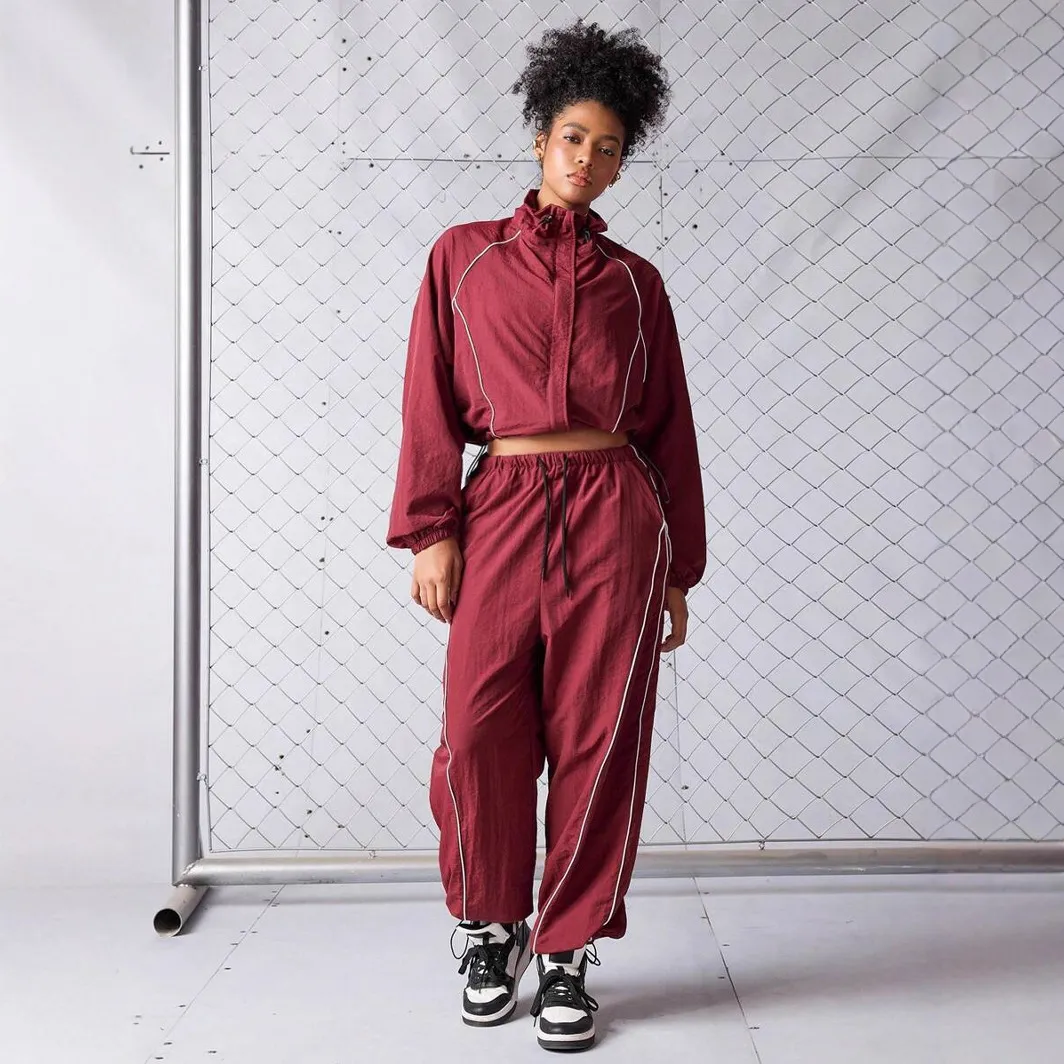 Women'S Fashion Casual Autumn Contrast Drawstring Lapel Long-Sleeve Coat Pants Two-Piece Set