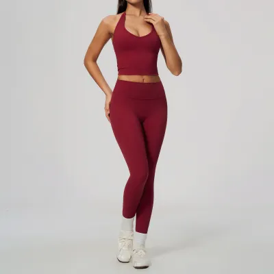 Women Fashion Casual Solid Color Hanging Neck Tank Top Leggings High Elastic Quick-Drying Breathable Sports Two-Piece Set