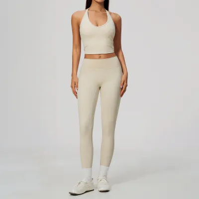 Women Fashion Casual Solid Color Hanging Neck Tank Top Leggings High Elastic Quick-Drying Breathable Sports Two-Piece Set