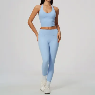 Women Fashion Casual Solid Color Hanging Neck Tank Top Leggings High Elastic Quick-Drying Breathable Sports Two-Piece Set