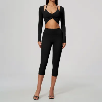 Women Fashion Solid Color Sanding Halter-Neck Bra Long-Sleeve Crop Top Tight Pants Sports Yoga Three-Piece Set