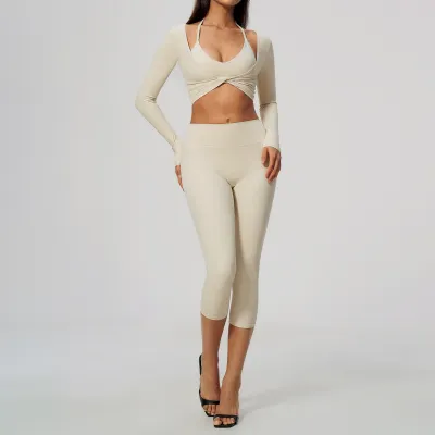 Women Fashion Solid Color Sanding Halter-Neck Bra Long-Sleeve Crop Top Tight Pants Sports Yoga Three-Piece Set
