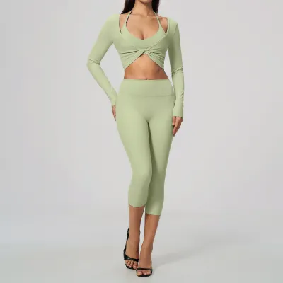 Women Fashion Solid Color Sanding Halter-Neck Bra Long-Sleeve Crop Top Tight Pants Sports Yoga Three-Piece Set