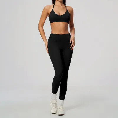Women Fashion Solid Color Sanding Halter-Neck Bra Slim-Fit High-Elastic Leggings Breathable Quick-Drying Sports Two-Piece Set
