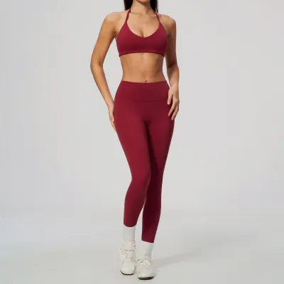 Women Fashion Solid Color Sanding Halter-Neck Bra Slim-Fit High-Elastic Leggings Breathable Quick-Drying Sports Two-Piece Set