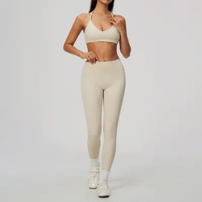 Women Fashion Solid Color Sanding Halter-Neck Bra Slim-Fit High-Elastic Leggings Breathable Quick-Drying Sports Two-Piece Set