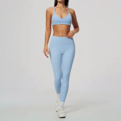 Women Fashion Solid Color Sanding Halter-Neck Bra Slim-Fit High-Elastic Leggings Breathable Quick-Drying Sports Two-Piece Set