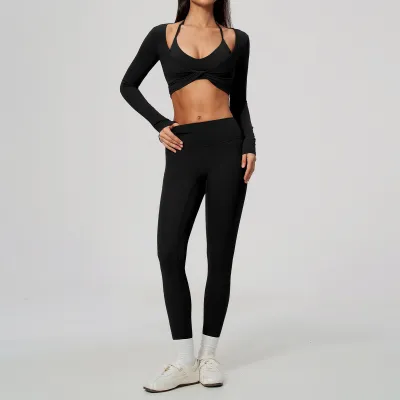 Women Fashion Solid Color Sanding Hanging Neck Bra Slim-Fit Long-Sleeve Crop Top Leggings Sports Three-Piece Set
