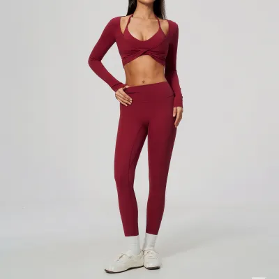 Women Fashion Solid Color Sanding Hanging Neck Bra Slim-Fit Long-Sleeve Crop Top Leggings Sports Three-Piece Set