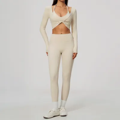 Women Fashion Solid Color Sanding Hanging Neck Bra Slim-Fit Long-Sleeve Crop Top Leggings Sports Three-Piece Set