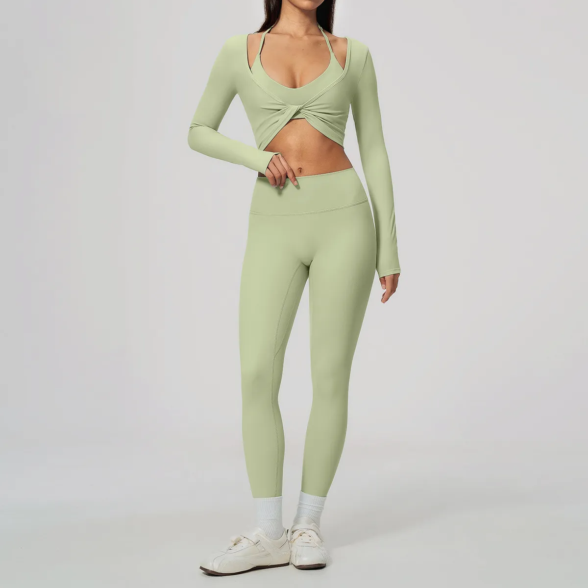 Women Fashion Solid Color Sanding Hanging Neck Bra Slim-Fit Long-Sleeve Crop Top Leggings Sports Three-Piece Set