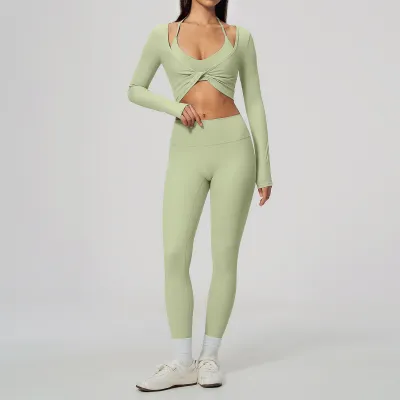Women Fashion Solid Color Sanding Hanging Neck Bra Slim-Fit Long-Sleeve Crop Top Leggings Sports Three-Piece Set