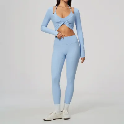 Women Fashion Solid Color Sanding Hanging Neck Bra Slim-Fit Long-Sleeve Crop Top Leggings Sports Three-Piece Set