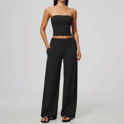 Women Fashion Casual Solid Color Sanding Non-Slip Tube Top Loose Wide Leg Pants Sports Two-Piece Set