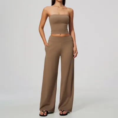 Women Fashion Casual Solid Color Sanding Non-Slip Tube Top Loose Wide Leg Pants Sports Two-Piece Set
