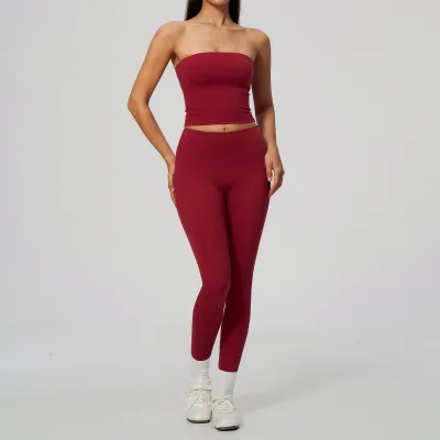 Women Fashion Casual Solid Color Tube Top Tight High Elastic Breathable Leggings Yoga Sports Two-Piece Set