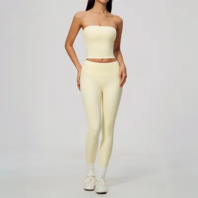 Women Fashion Casual Solid Color Tube Top Tight High Elastic Breathable Leggings Yoga Sports Two-Piece Set