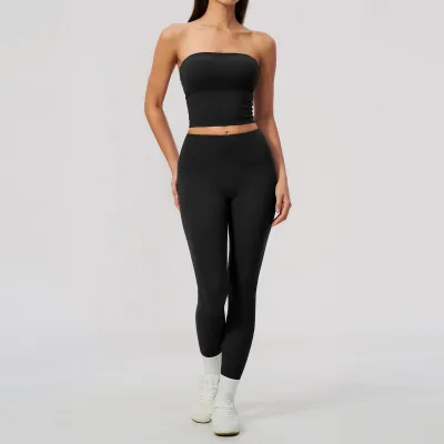 Women Fashion Casual Solid Color Tube Top Tight High Elastic Breathable Leggings Yoga Sports Two-Piece Set
