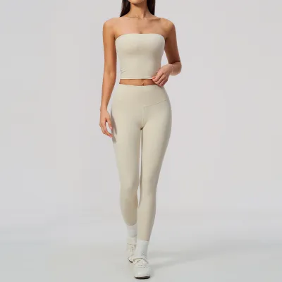 Women Fashion Casual Solid Color Tube Top Tight High Elastic Breathable Leggings Yoga Sports Two-Piece Set