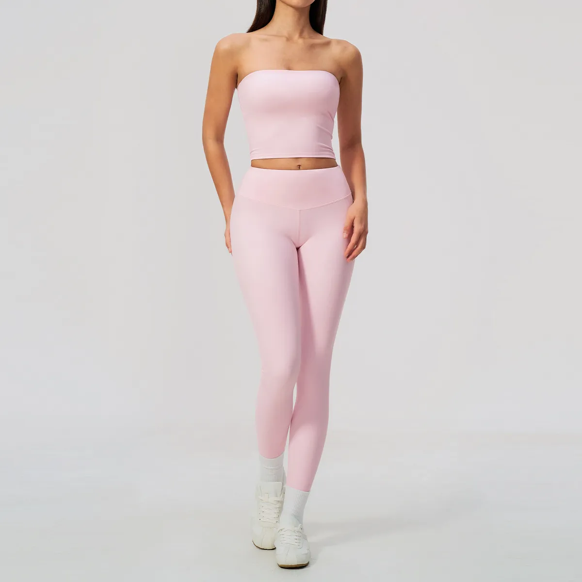 Women Fashion Casual Solid Color Tube Top Tight High Elastic Breathable Leggings Yoga Sports Two-Piece Set
